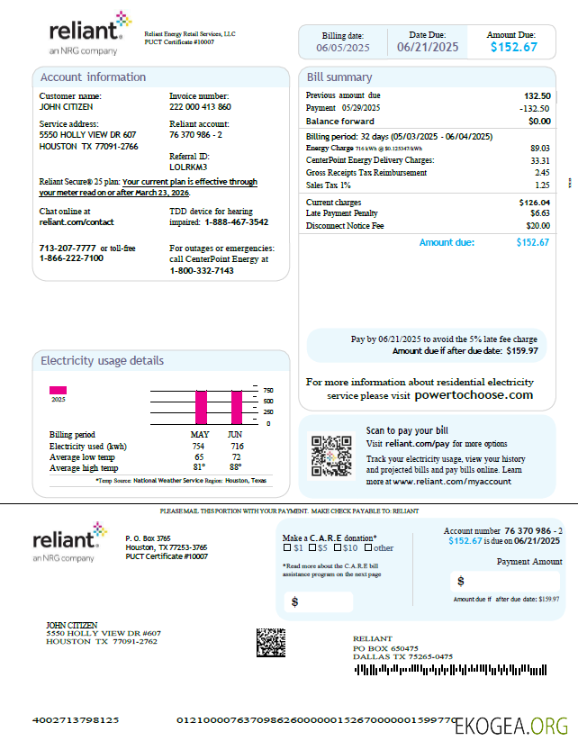 USA Reliant Energy utility bill template in Word and PDF formats, version 3